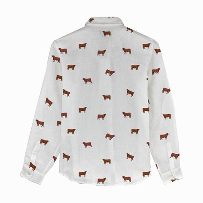 Red angus cattle icon pattern Women's Mock Linen Shirts for farmers - myfunfarm