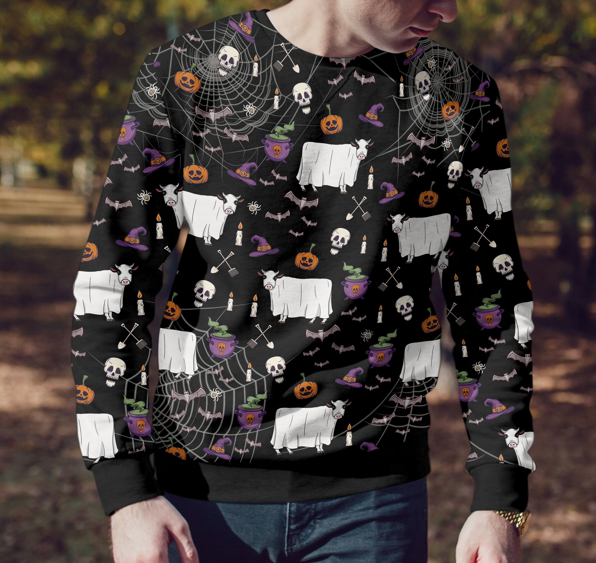 Cute Cow Ghost Halloween pattern - Unisex Hoodie, Sweatshirt, Pants for Adult and Kid - myfunfarm