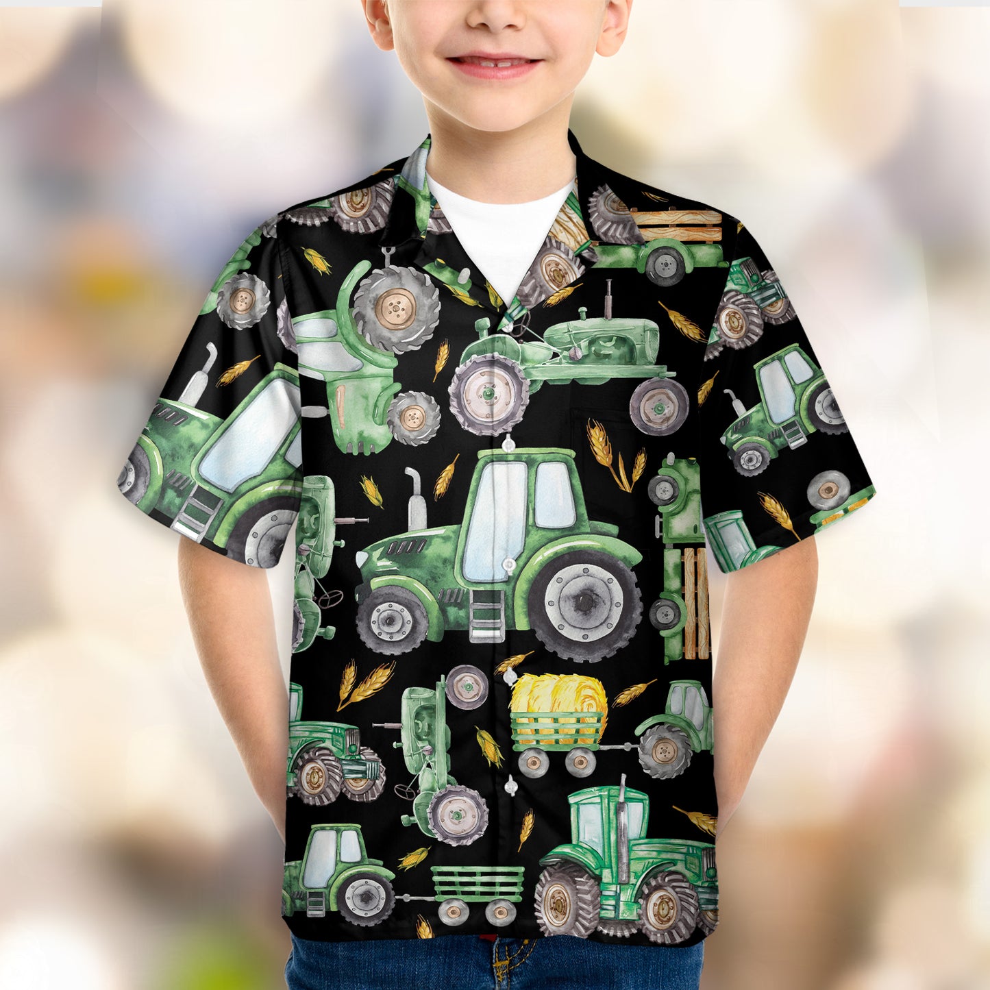 Cute Green Tractor pattern - Hawaiian Shirt, Shorts for Kid