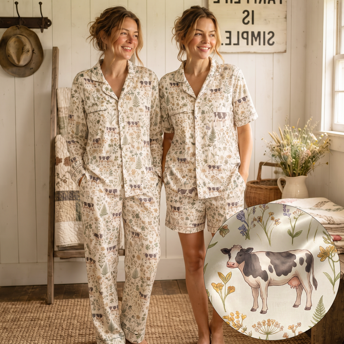 Holstein cute cattle Floral Pattern Pajamas Set Matching Family Farrmer Outfit