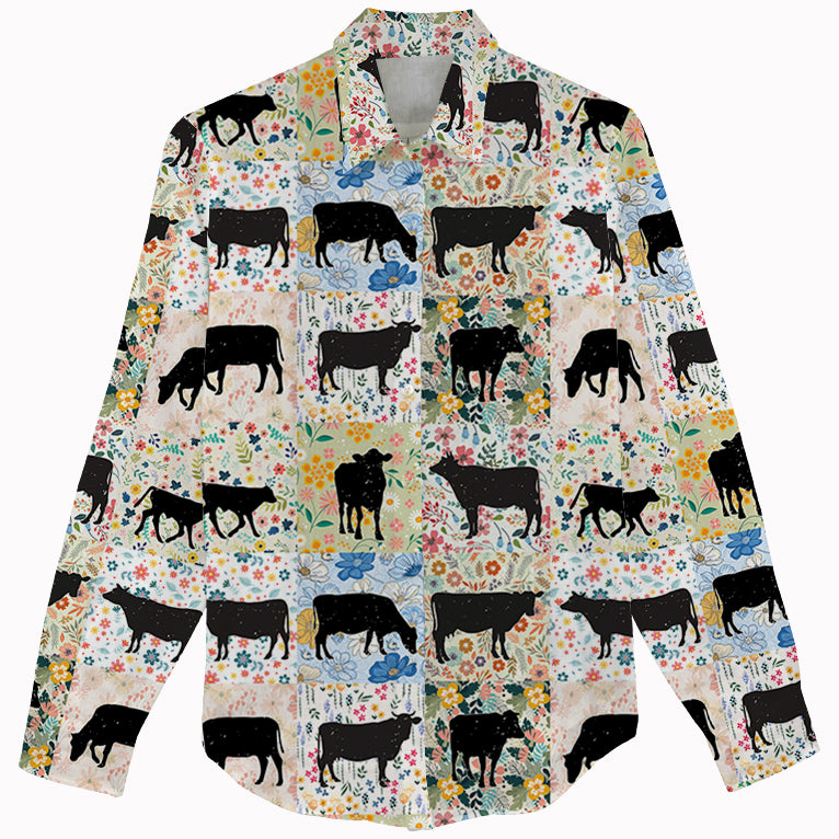 Retro Floral Cow Pattern Women's Linen Shirts for farmers