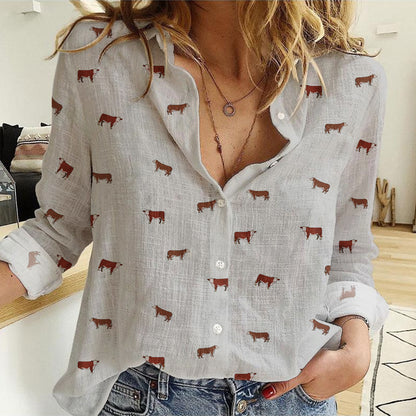 Hereford cattle icon pattern Women's Mock Linen Shirts for farmers - myfunfarm