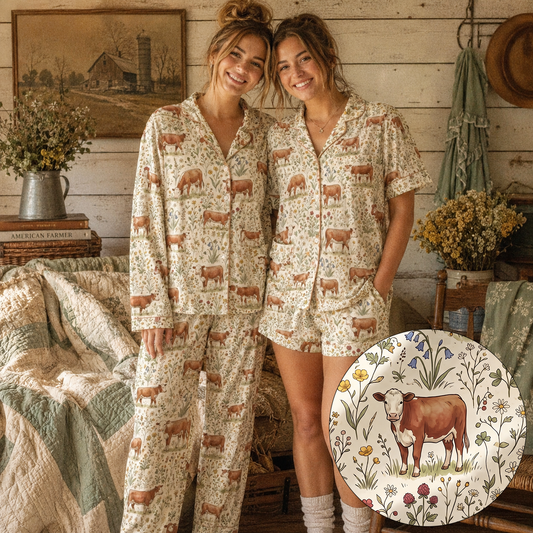 Hereford cattle cute Floral Pattern Pajamas Set Matching Family Farrmer Outfit