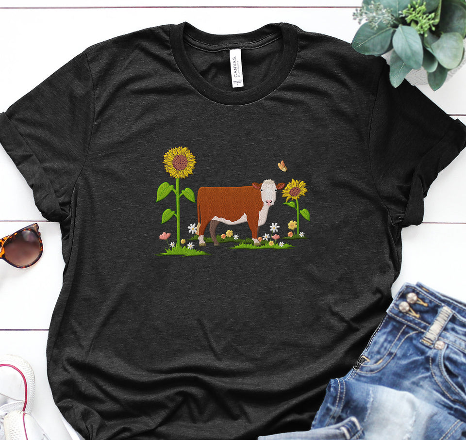 Cute Cow Embroidered Sweatshirt, Hoodie, T-shirt, Gift for Farmer