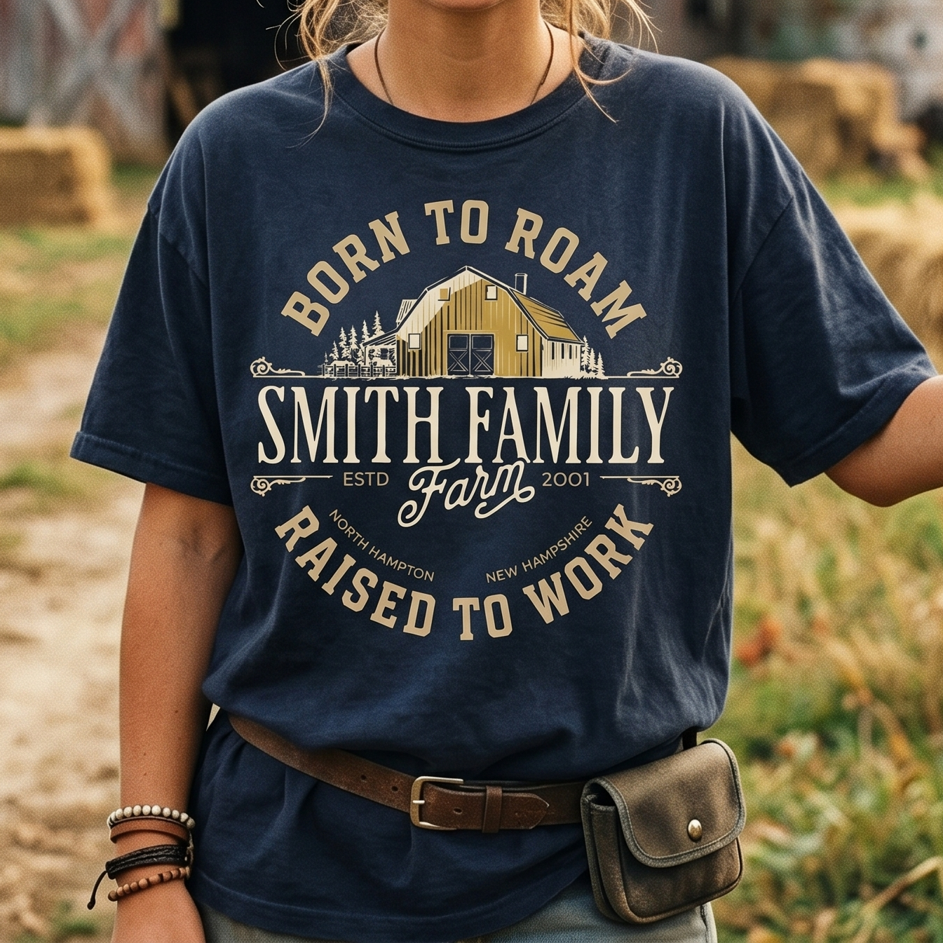 Personalized Family Name Farm Unisex T-Shirt Born to roam, raised to work