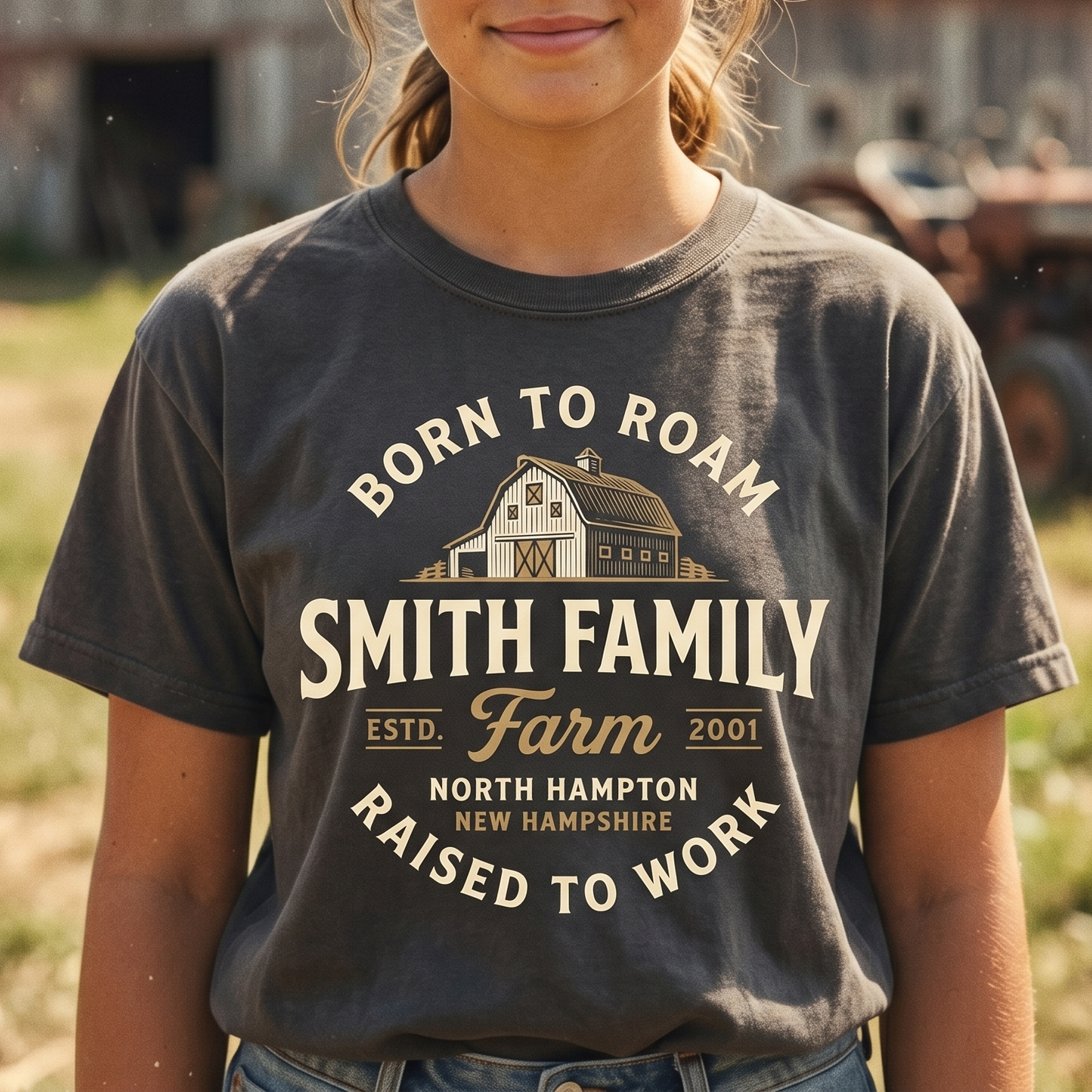 Personalized Family Name Farm Unisex T-Shirt Born to roam, raised to work