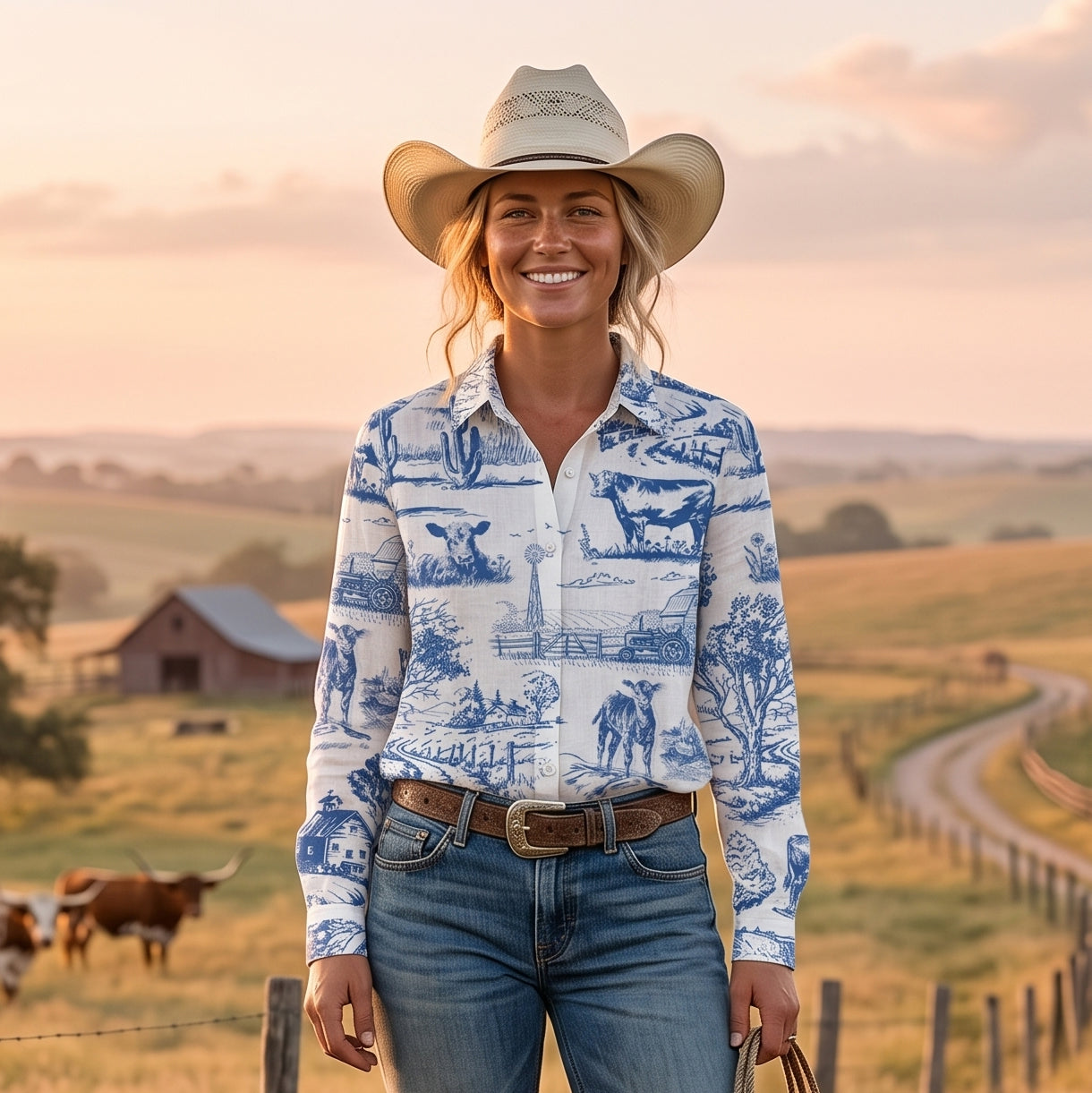 Cattle print Toile pattern Women's Mock Linen Shirts - myfunfarm
