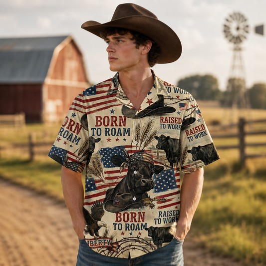 Born to Roam, Raised to work, Vintage Hawaiian Shirt  Patriotic For Farmer