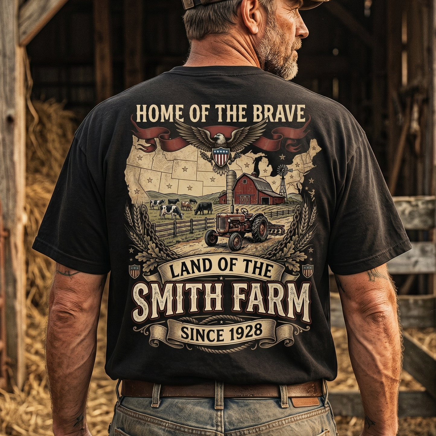 Personalized Family Name Farm Unisex T-Shirt Home of the brave land of the free
