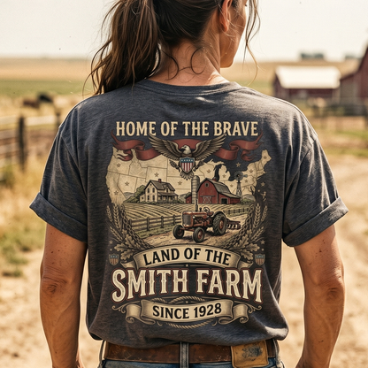 Personalized Family Name Farm Unisex T-Shirt Home of the brave land of the free