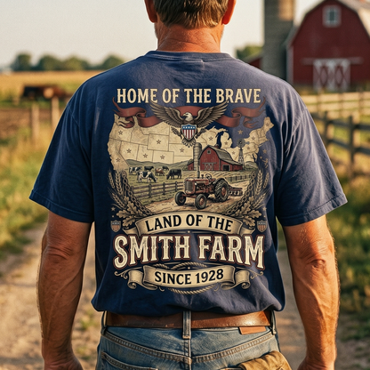 Personalized Family Name Farm Unisex T-Shirt Home of the brave land of the free