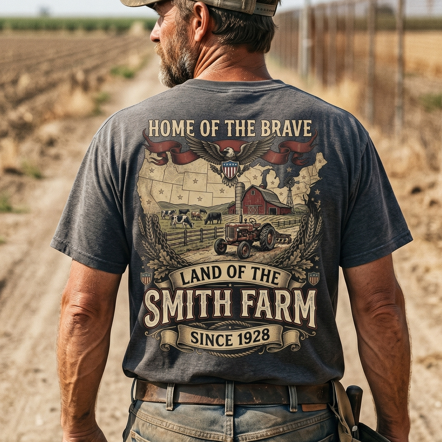 Personalized Family Name Farm Unisex T-Shirt Home of the brave land of the free