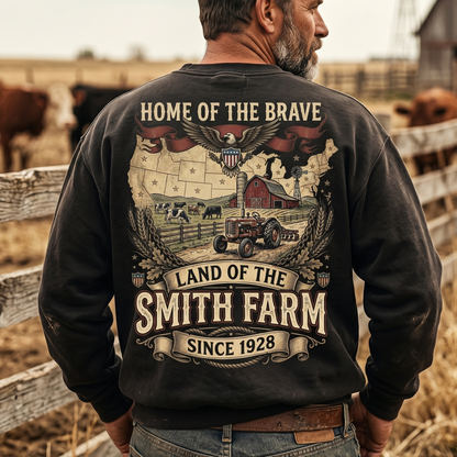 Personalized Family Name Farm Unisex T-Shirt Home of the brave land of the free