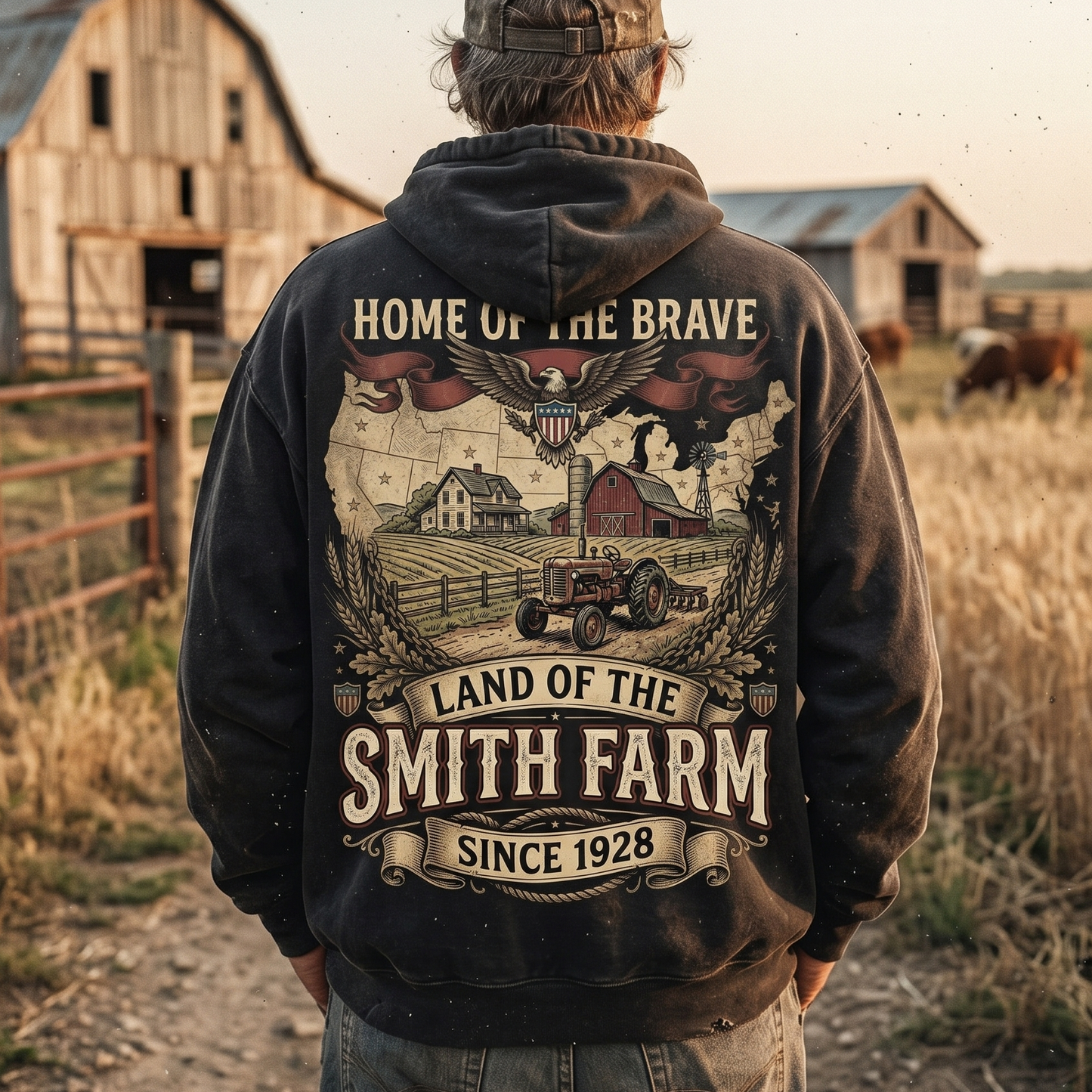 Personalized Family Name Farm Unisex T-Shirt Home of the brave land of the free