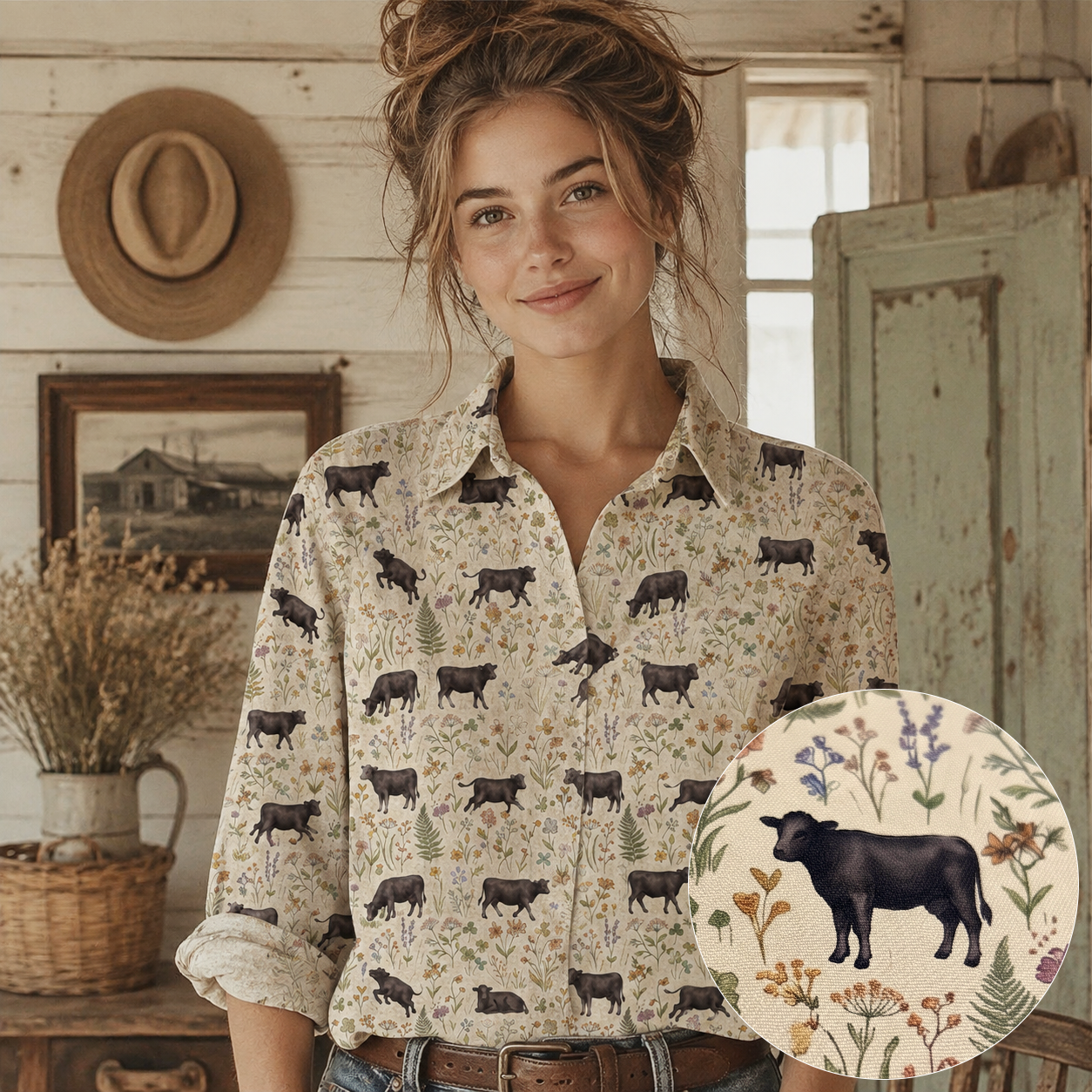 Floral angus cattle pattern Women's Mock Linen Shirts