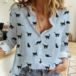 Black cat icon pattern Women's Linen Shirts for Cat Lovers