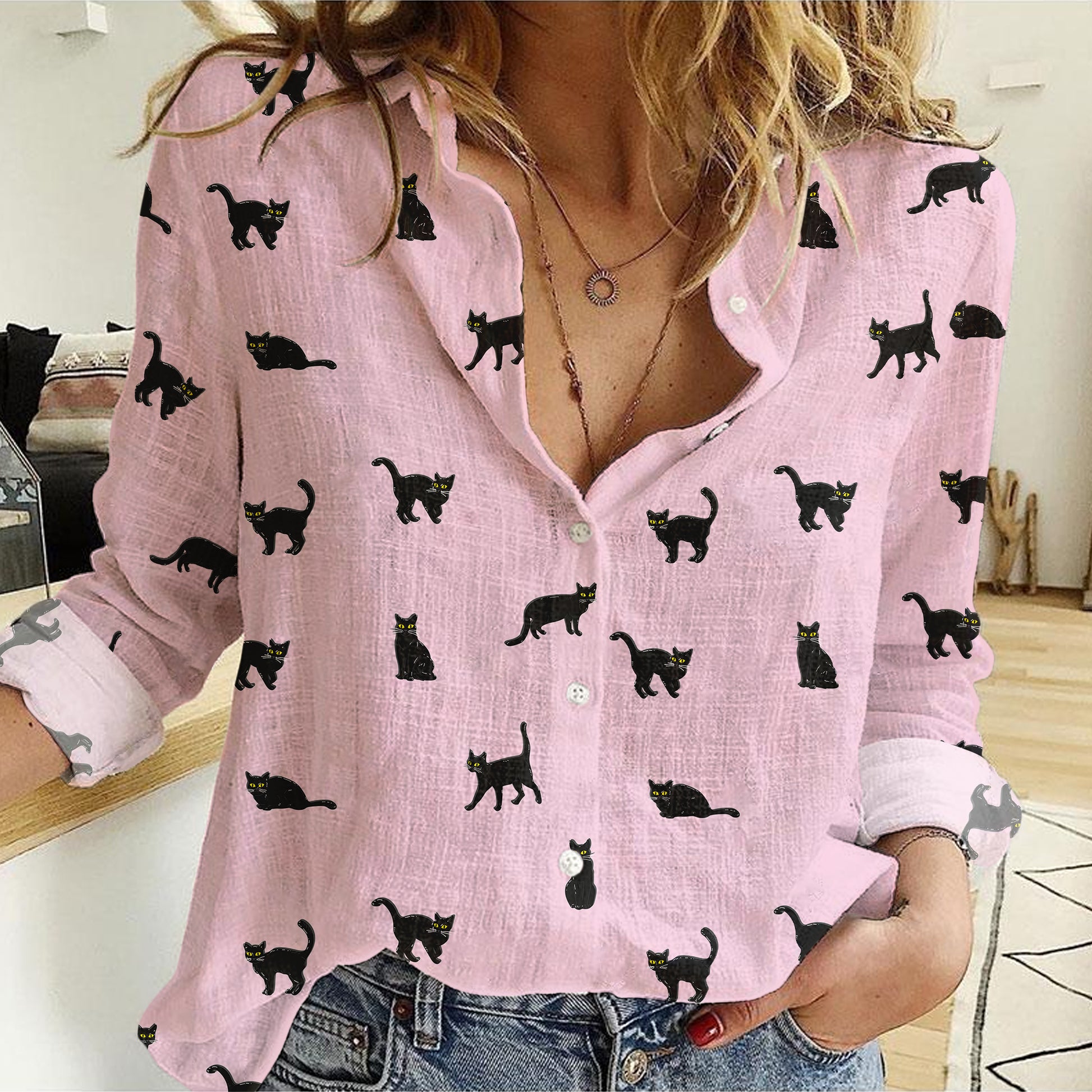 Black cat icon pattern Women's Mock Linen Shirts for Cat Lovers - myfunfarm