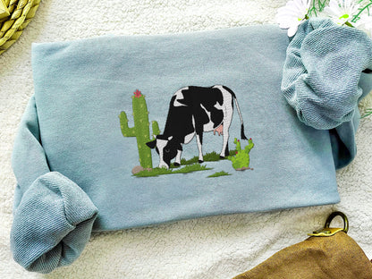 Cute Cow Embroidered Sweatshirt, Hoodie, T-shirt, Gift for Cow Lover