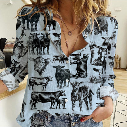 Angus Cattle pattern Women's Mock Linen Shirts for farmers - myfunfarm