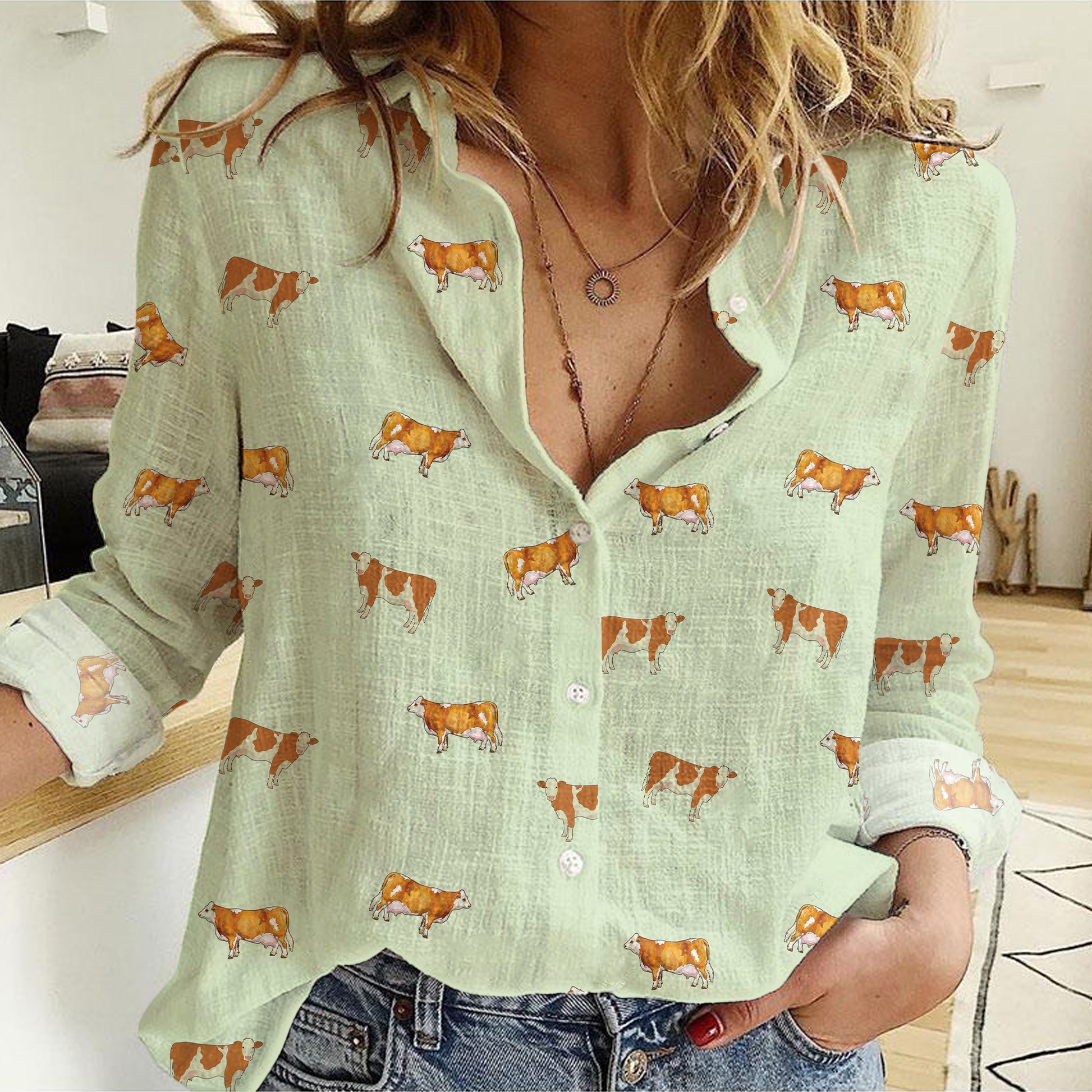 Simmental Cattle icon pattern Women's Mock Linen Shirts for farmers - myfunfarm