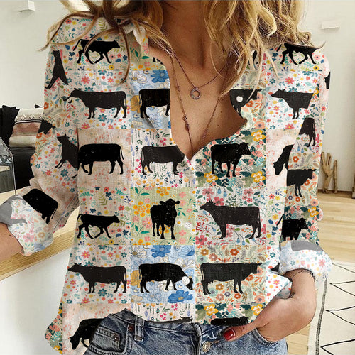 Retro Floral Cow Pattern Women's Linen Shirts for farmers