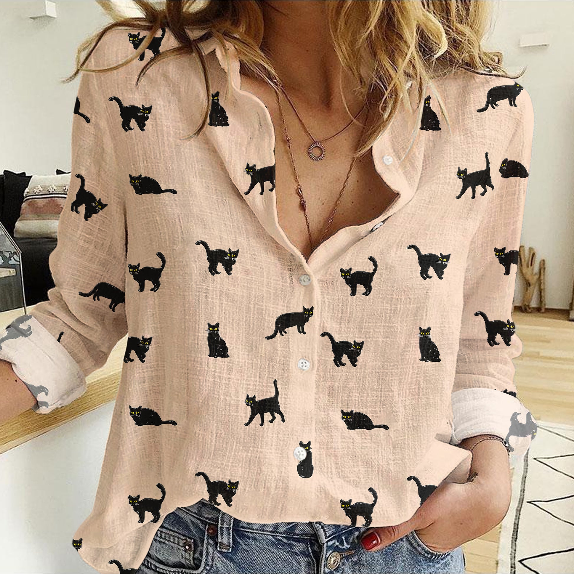 Black cat icon pattern Women's Mock Linen Shirts for Cat Lovers - myfunfarm