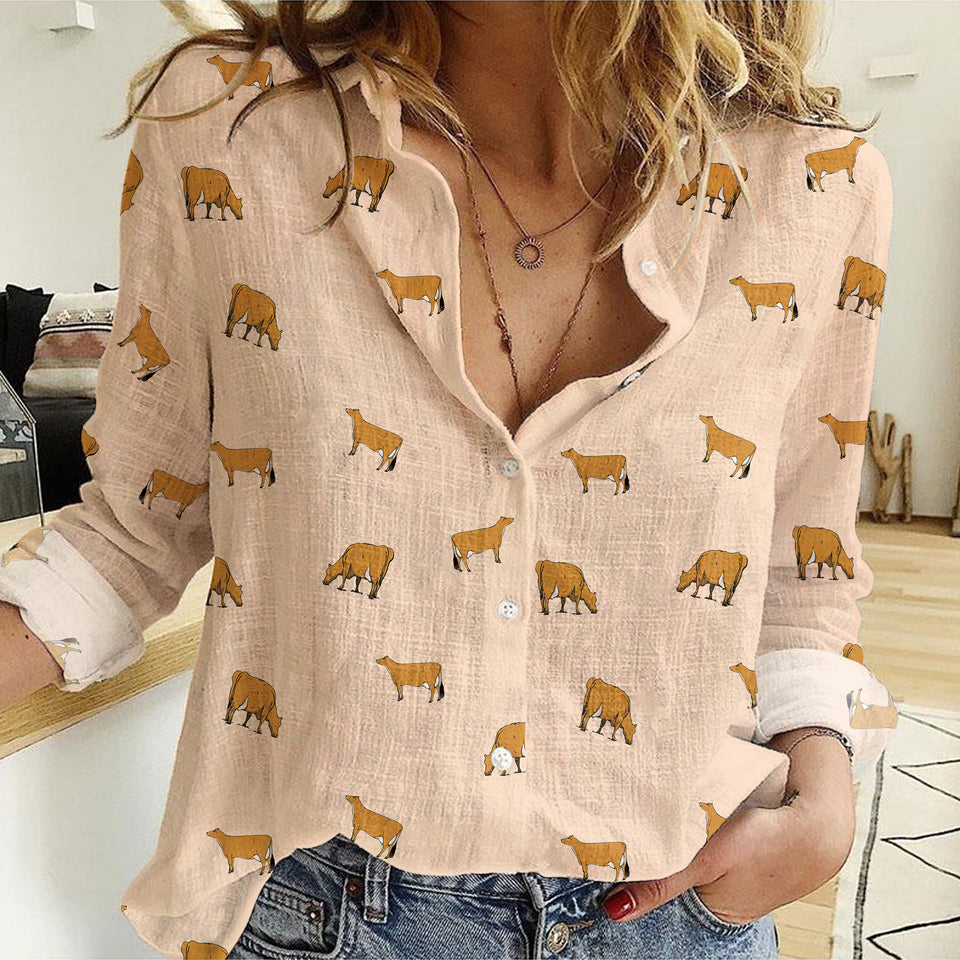 Jersey Cow icon pattern Women's Mock Linen Shirts for farmers