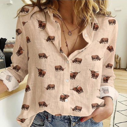 Highland Cattle icon pattern Women's MockLinen Shirts for farmers - myfunfarm
