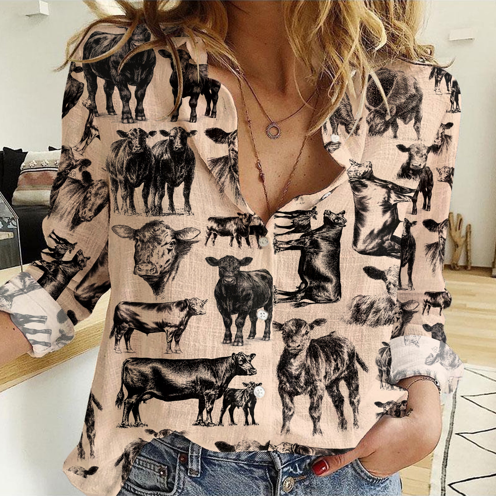 Angus Cattle pattern Women's Mock Linen Shirts for farmers - myfunfarm