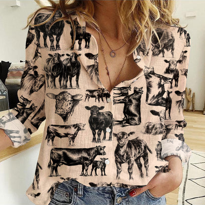 Angus Cattle pattern Women's Mock Linen Shirts for farmers - myfunfarm