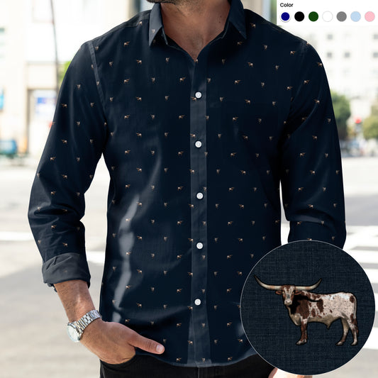 Texas Longhorn Cattle pattern - Men's Casual Long Sleeve Shirt - myfunfarm