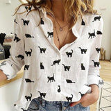 Black cat icon pattern Women's Linen Shirts for Cat Lovers