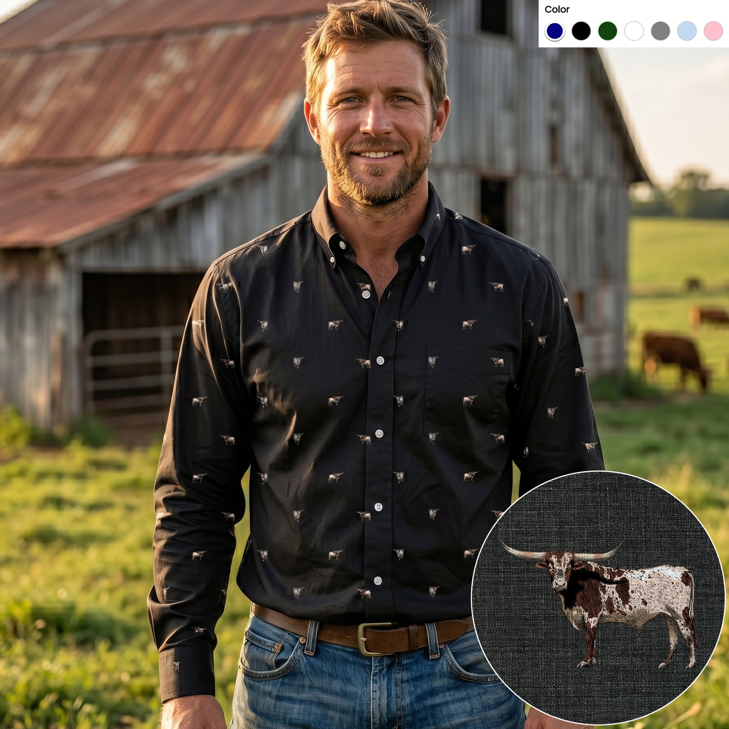 Texas Longhorn Cattle pattern - Men's Casual Long Sleeve Shirt