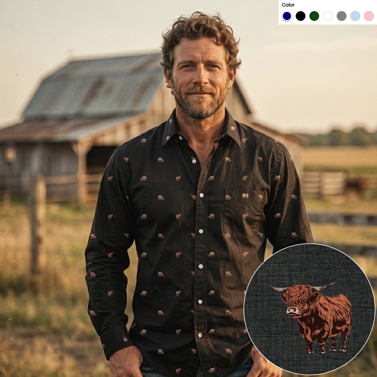 Highland cattle pattern - Men's Casual Long Sleeve Shirt