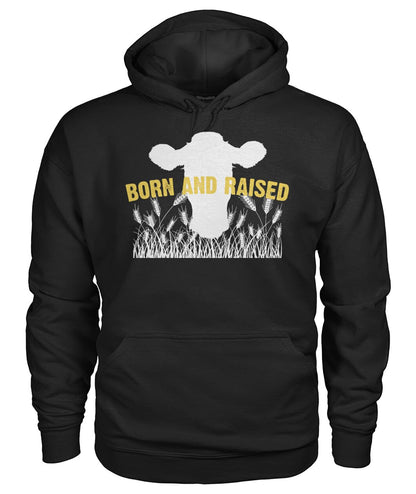 BORN AND RAISE - Men's and Women's t-shirt , Vneck, Hoodies - myfunfarm - clothing acceessories shoes for cow lovers, pig, horse, cat, sheep, dog, chicken, goat farmer