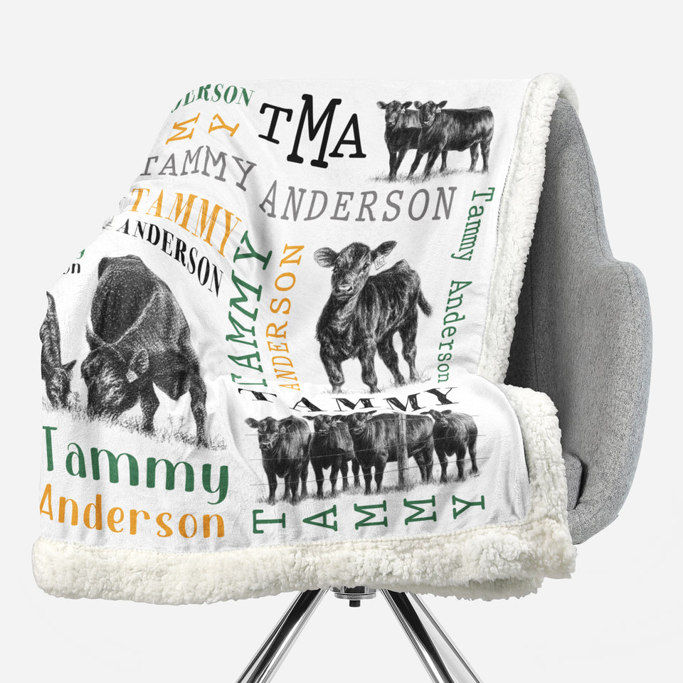 Personalized - Sherpa Blanket, Quilt- Custom name Angus Pattern