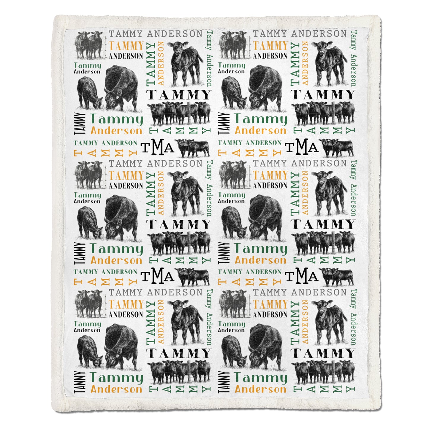 Personalized - Sherpa Blanket, Quilt- Custom name Angus Pattern