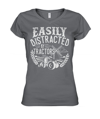 Easily distracted by tractors - Men's and Women's t-shirt , Vneck, Hoodies - myfunfarm - clothing acceessories shoes for cow lovers, pig, horse, cat, sheep, dog, chicken, goat farmer