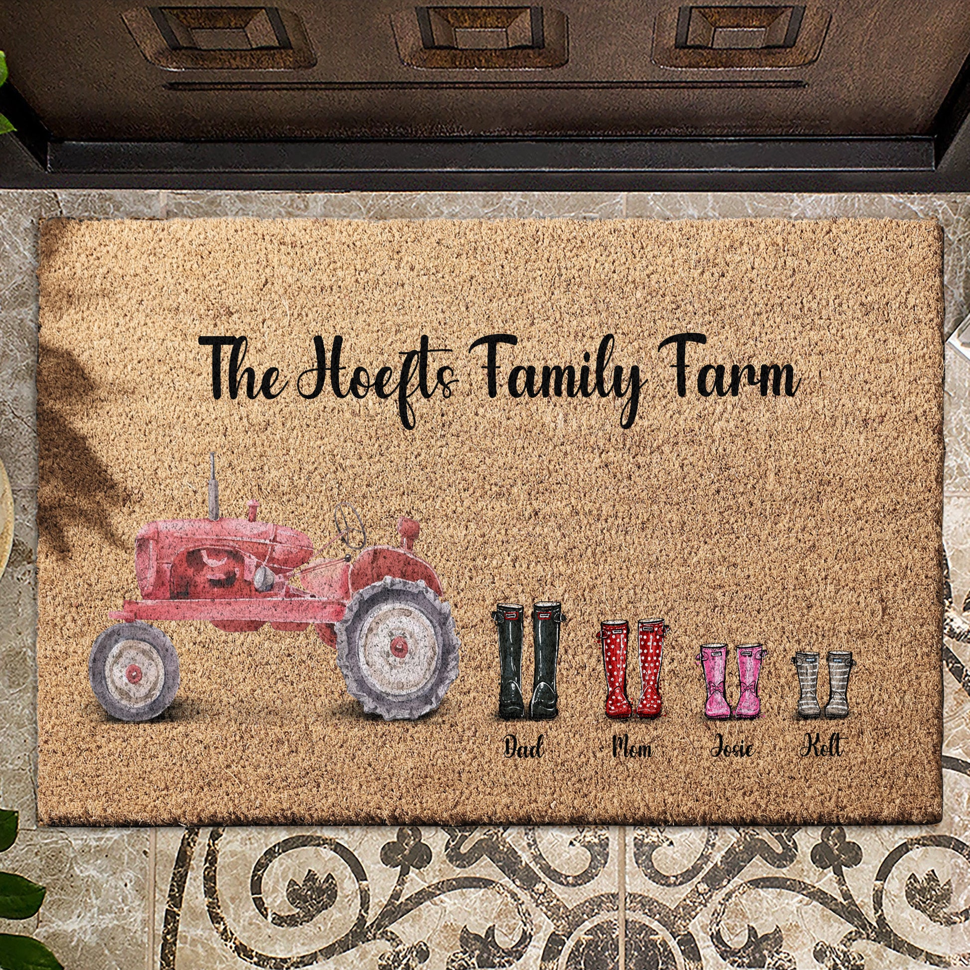 Personalised Family Tractor Gumboot Print Doormat - Gift for Farmer - myfunfarm