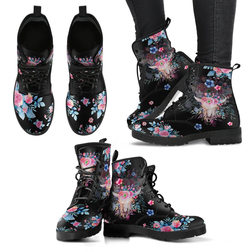 Skull Cow Flowers - Martin Boots for Women and Men