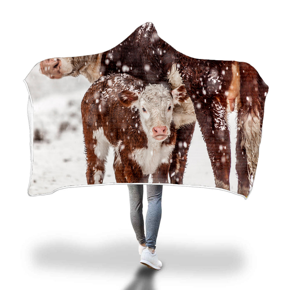 Cute Cow in Snow - Hooded Blanket - Cow Lovers