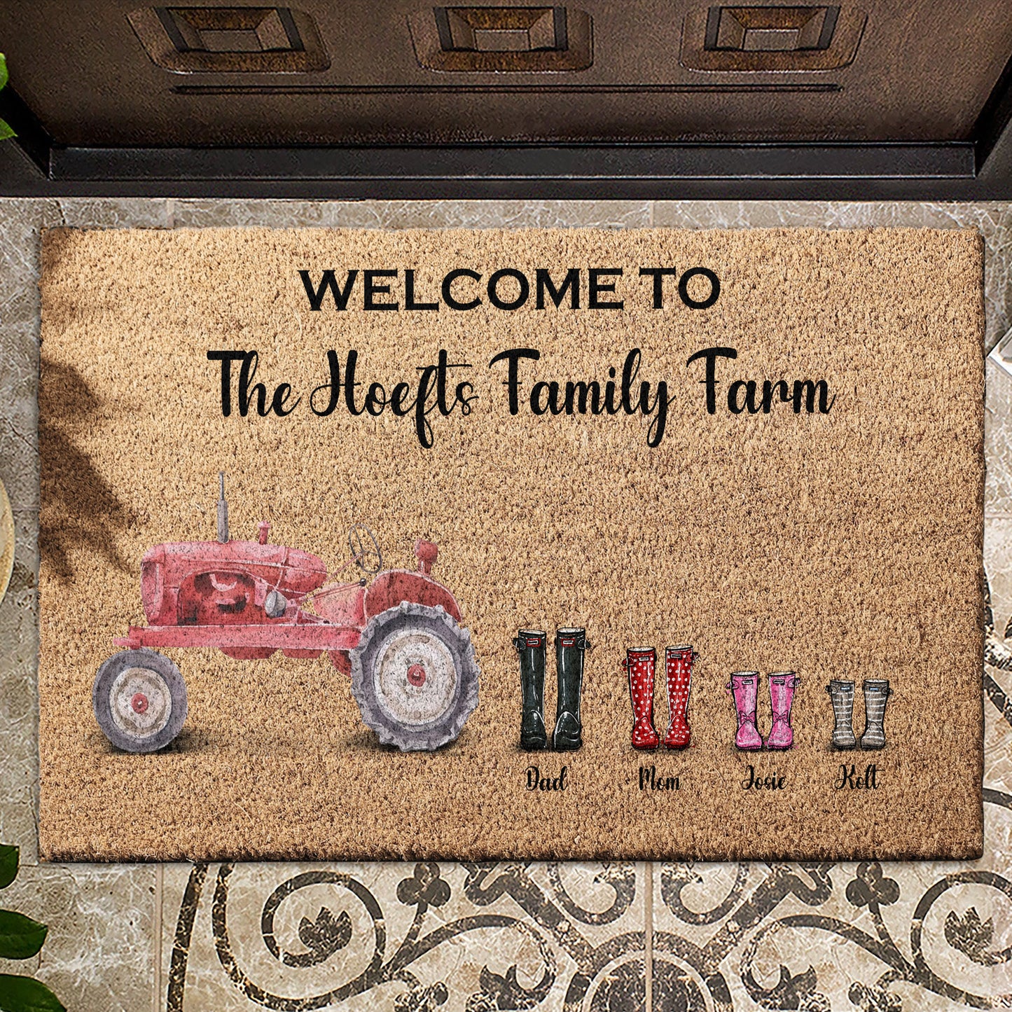 Personalised Family Tractor Gumboot Print Doormat - Gift for Farmer - myfunfarm