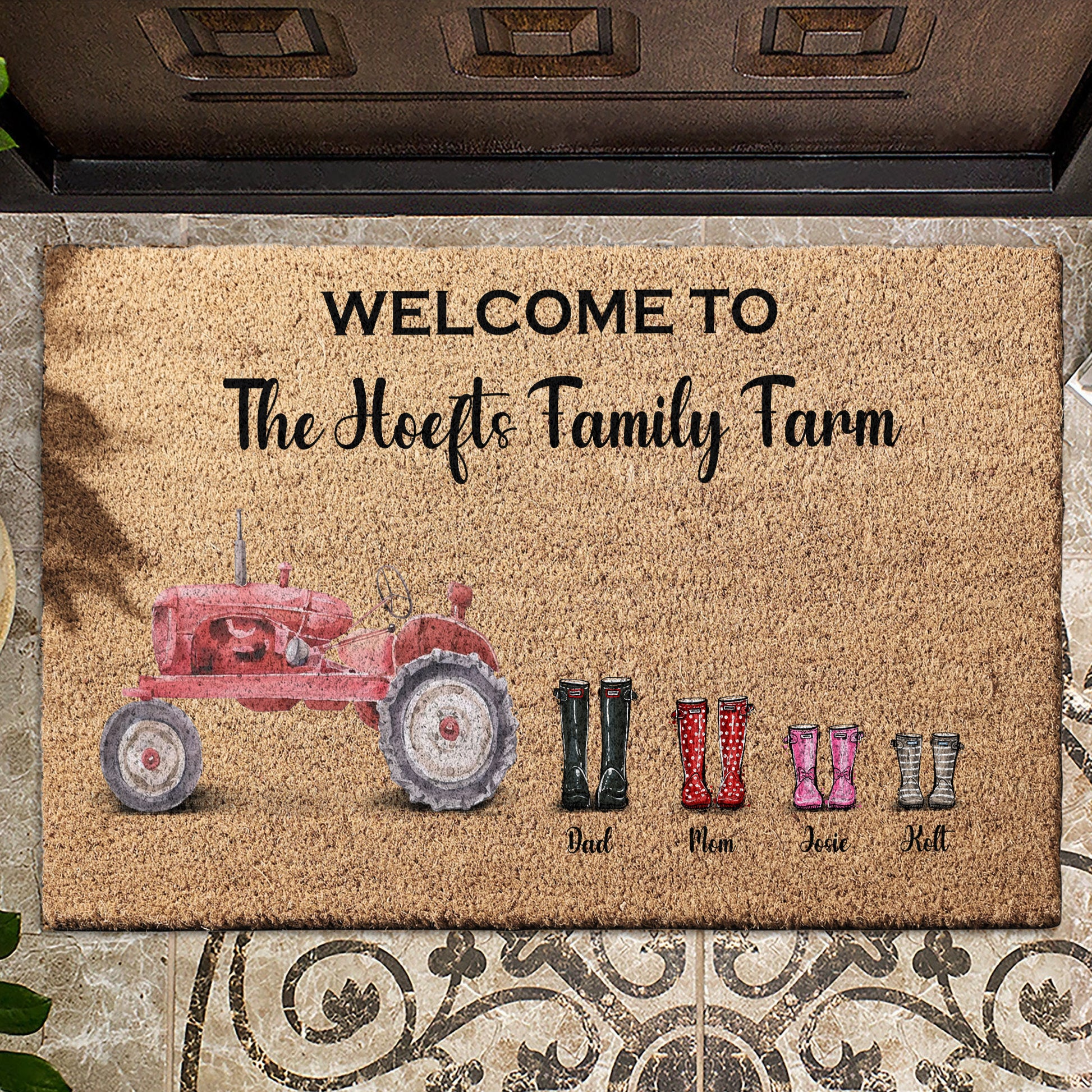 Personalised Family Tractor Gumboot Print Doormat - Gift for Farmer - myfunfarm