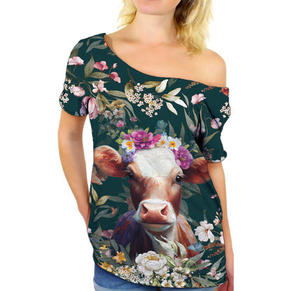 Cute cow design - Women's Off the shoulder T-shirt - myfunfarm
