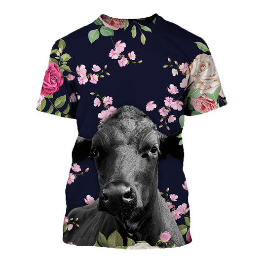 Angus Cattle and Flowers pattern cute - Unisex  T-shirt - myfunfarm - clothing acceessories shoes for cow lovers, pig, horse, cat, sheep, dog, chicken, goat farmer