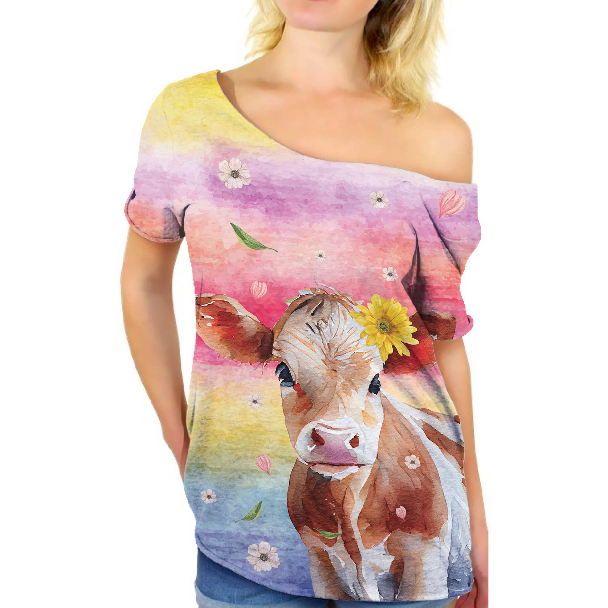Cute cow design - Women's Off the shoulder T-shirt - myfunfarm