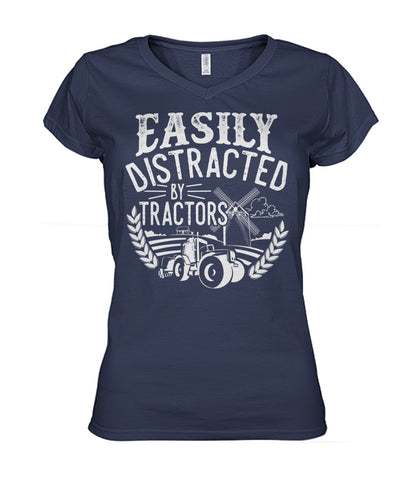 Easily distracted by tractors - Men's and Women's t-shirt , Vneck, Hoodies - myfunfarm - clothing acceessories shoes for cow lovers, pig, horse, cat, sheep, dog, chicken, goat farmer