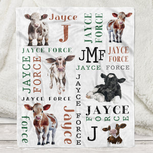 Personalized - Sherpa Blanket, Quilt- Custom name Cow Pattern