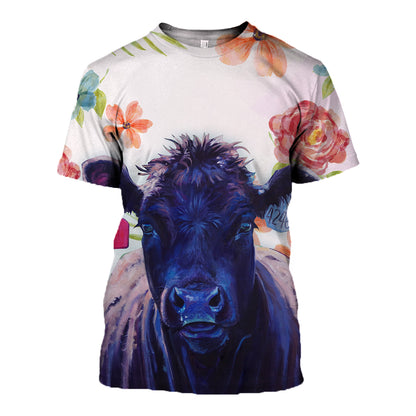 Angus Cattle and Flowers pattern cute - Unisex  T-shirt - myfunfarm - clothing acceessories shoes for cow lovers, pig, horse, cat, sheep, dog, chicken, goat farmer