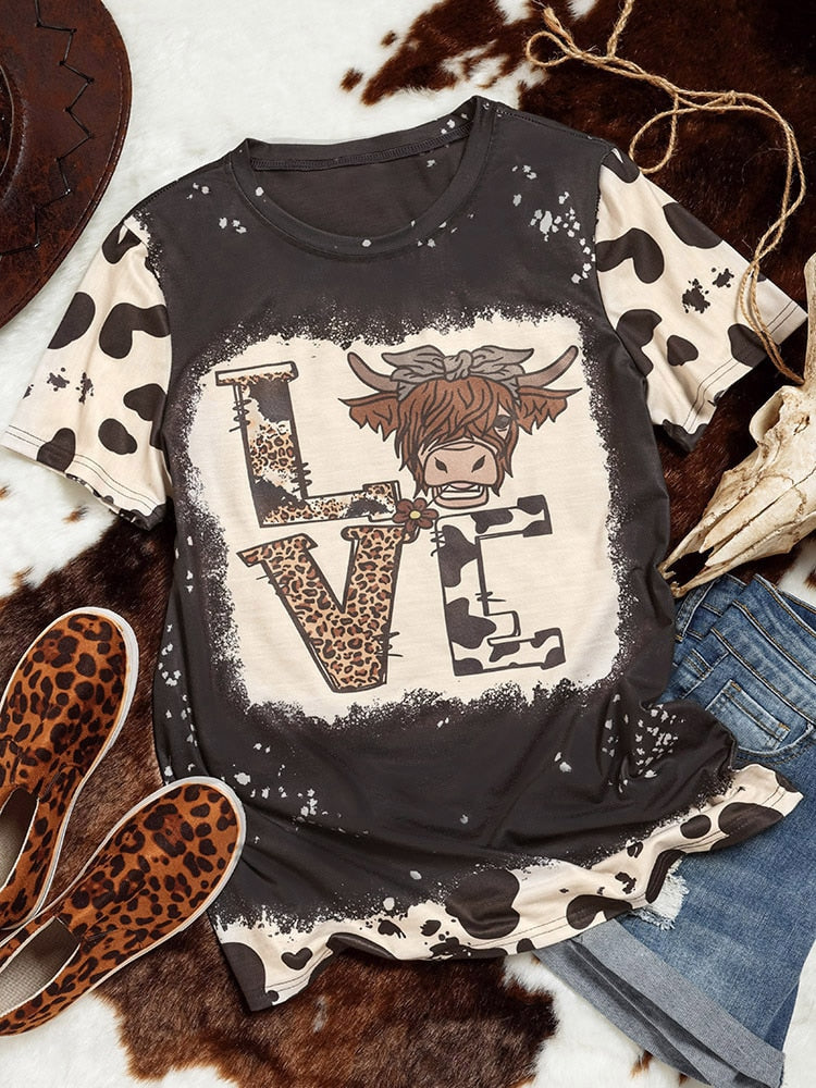 LOVE Highland Cattle design Bleached T-Shirts for Farm Girl - myfunfarm
